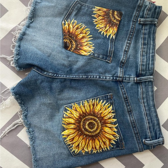 Hand Painted Jean Shorts with Sunflower Designs and Frayed...